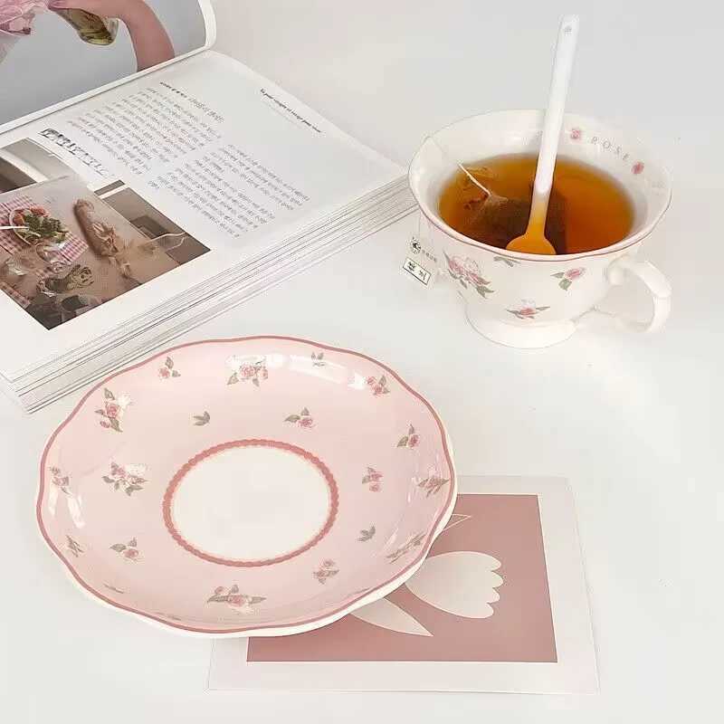 Cute coffee cups and saucers set high-value afternoon tea ins style girl pink ceramic mug hand-painted ins style D260323