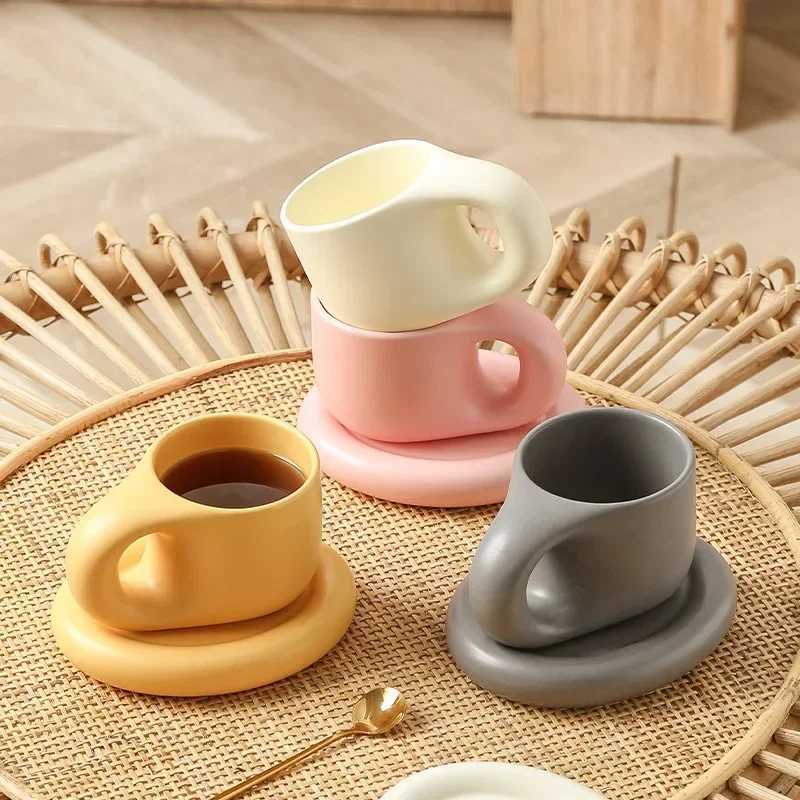 1set 400ml Ceramic Coffee Chubby Mug Saucer Set Creative Cute Fat Handle Cup With Saucer For Office And Home Room Decor H260323