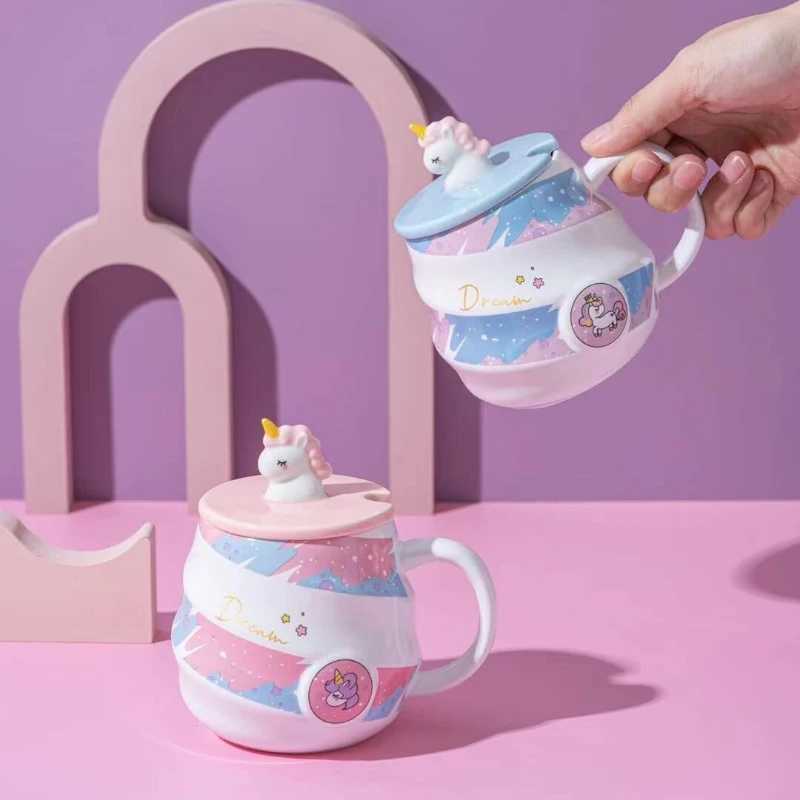 JUSTINLAU 480ML Unicorn Rainbow Spiral Ceramic Coffee Cup with Spoon Home Milk Cup Juice Cup Creative Birthday Gift Tea Cup Set D260323