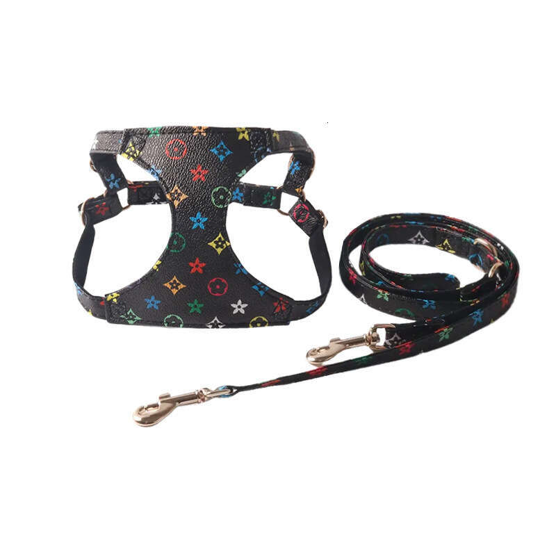 Dog Cat Harness Supplies Large PAI Old Flower PU Pet Harness Set Inner Side Suede Pet Supplies Dog Cat Collar