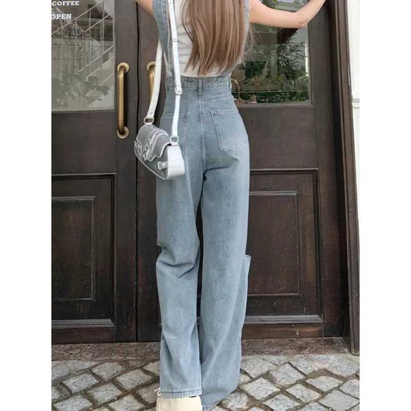 Retro Waed Hole Wide Leg Pants High Waist Loose Straight Jeans Women Summer Chic Denim Overalls Blue Long Trousers M260323