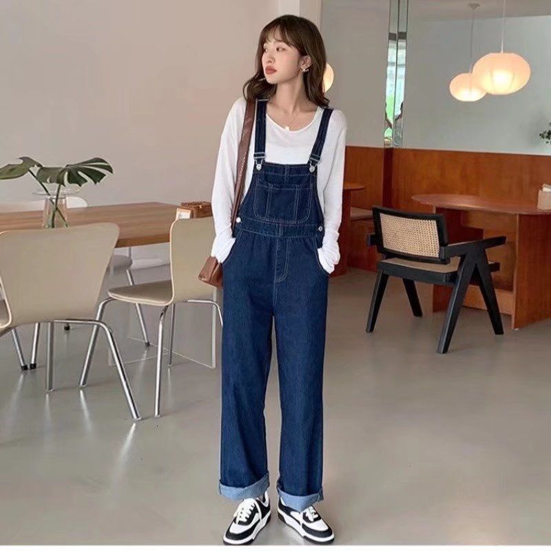 2026 Retro Loose-fit Korean-style Suspender Jeans For Young Designer Pants Adults College Style Female Student Uniform Ins Loose Straight Pants