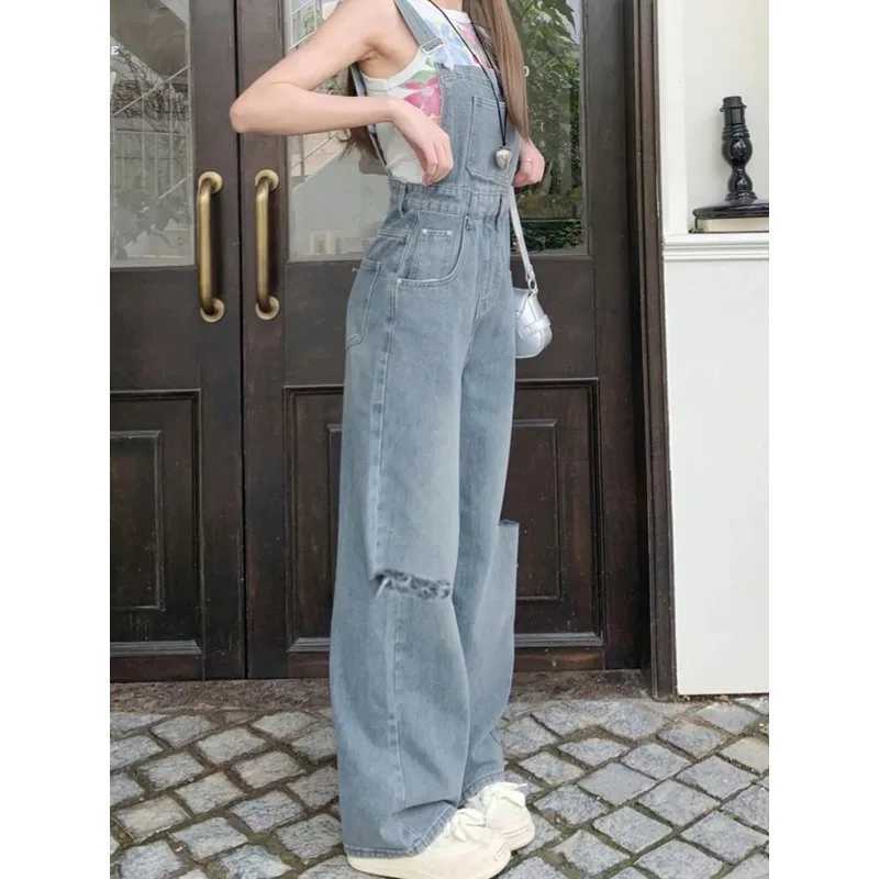 Retro Waed Hole Wide Leg Pants High Waist Loose Straight Jeans Women Summer Chic Denim Overalls Blue Long Trousers M260323