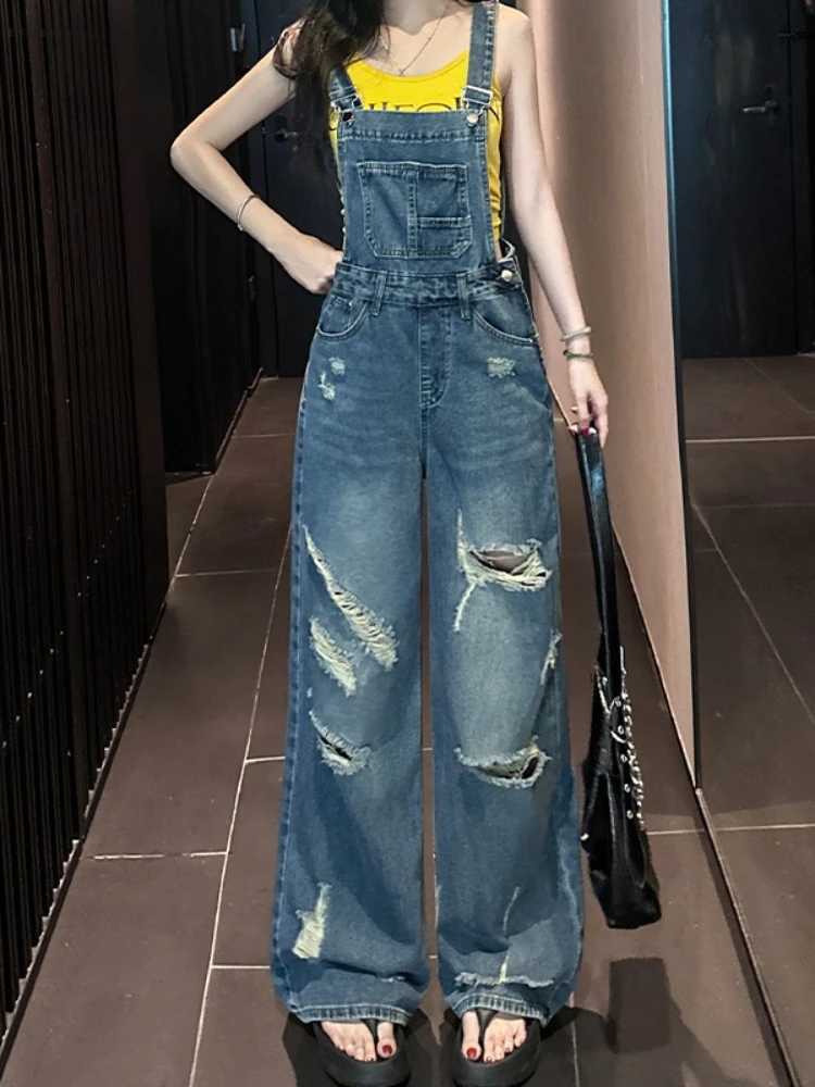 American style retro ripped denim overalls womens summer new design sense loose cargo one-piece wide leg floor pants M260323