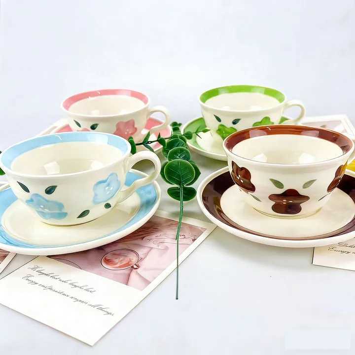1PC Ceramic Coffee Cup and Saucer Set Ins-style Floral Pattern Couple Cups Household Afternoon Tea Cups High-value Mugs H260323