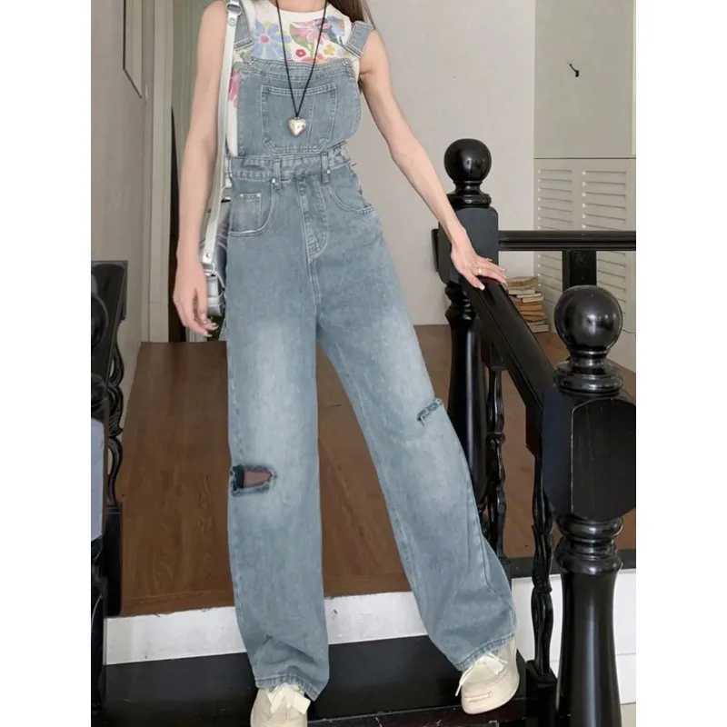 Retro Waed Hole Wide Leg Pants High Waist Loose Straight Jeans Women Summer Chic Denim Overalls Blue Long Trousers M260323