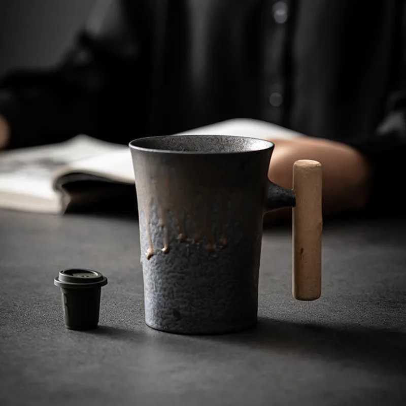 Japanese Style Coffee Cup Set Nordic Coarse Pottery Wood Handle Cup Creative Retro Water Cup Gray Gilded Retro Large Capacity D260323