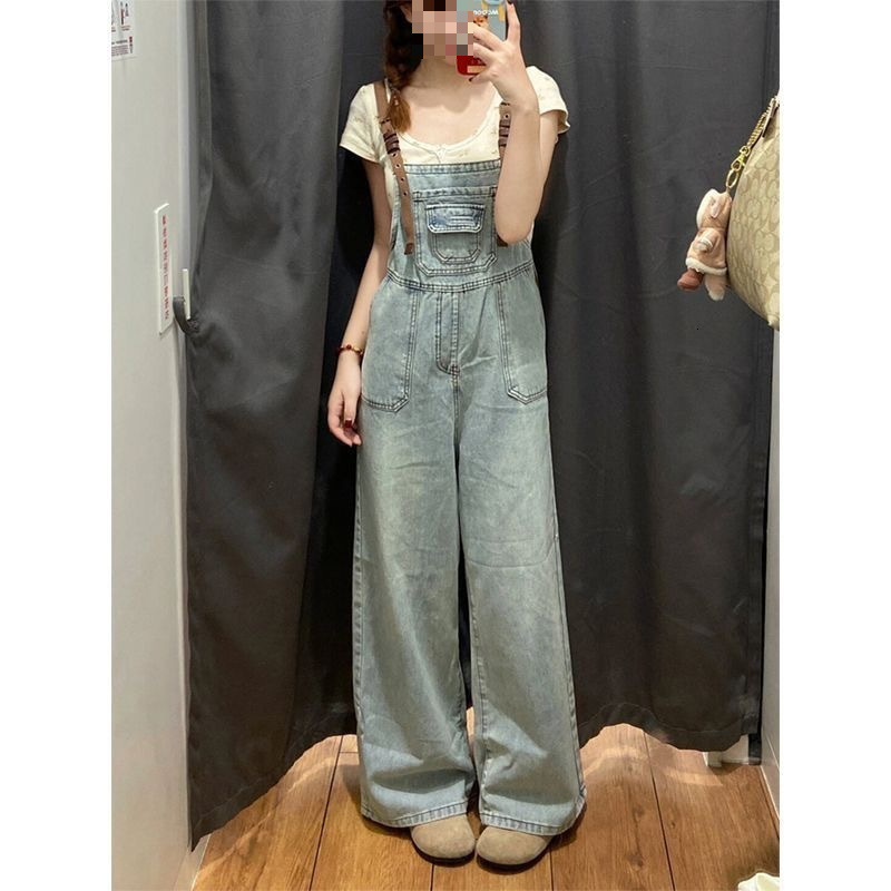 American Retro High-waisted Denim Overalls For Women Designer Pants College Style Straight Jumpsuit Loose Wide-leg Straight Pants