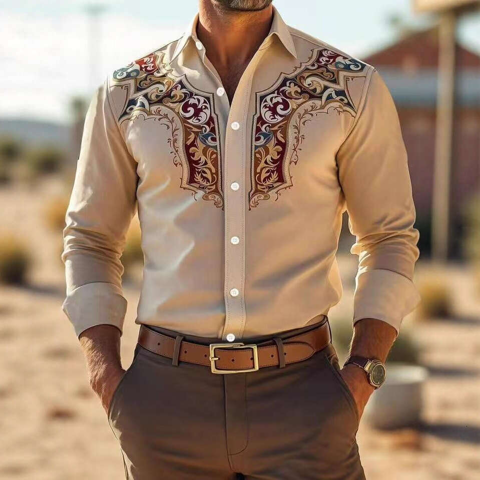 New Men's Fashion Shirt, American Western Style, Loose Fit, Printed Business Casual Long-Sleeve Shirt For Men