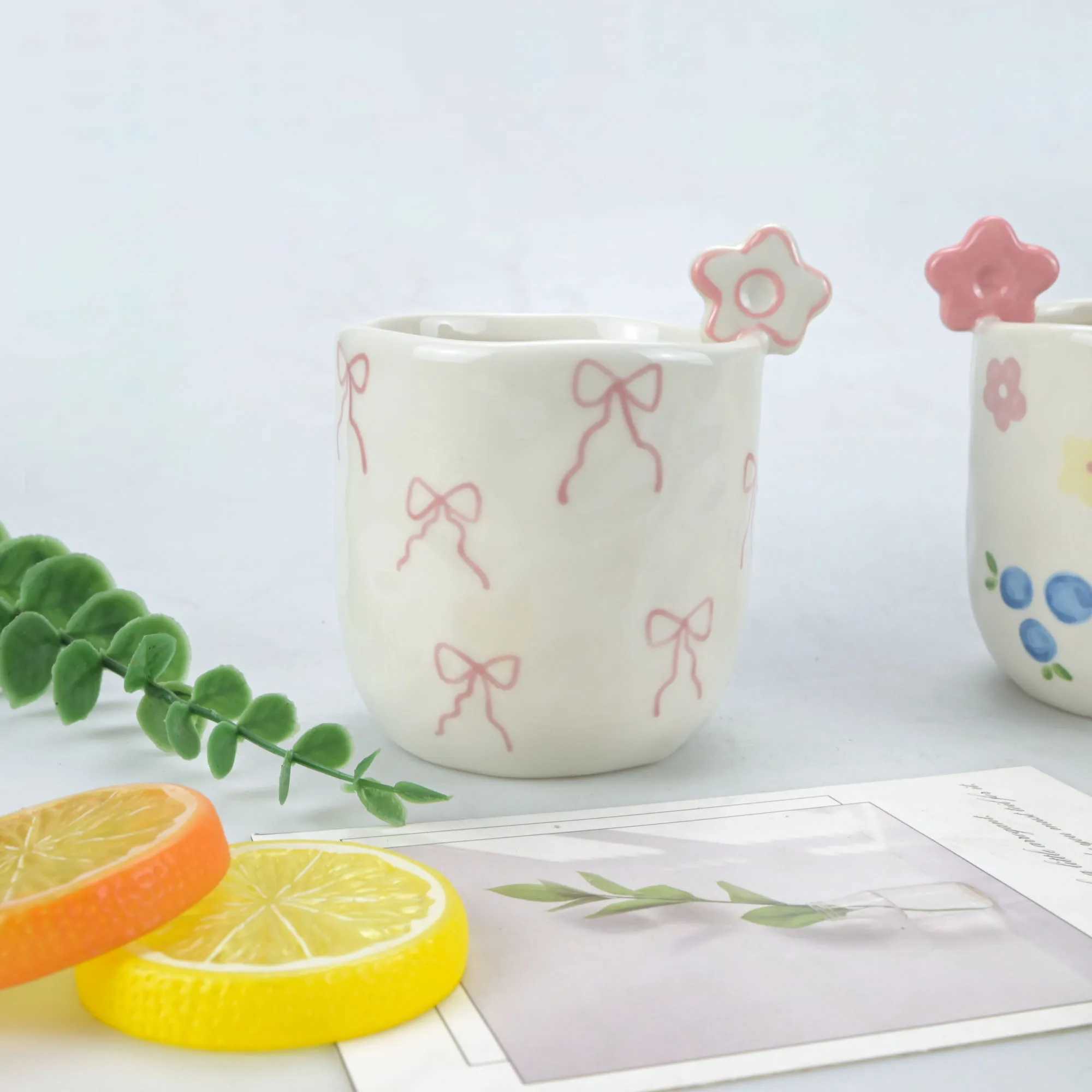 1pcs Cute flower cup hand-painted bow watercolor flower hand squeezed irregular ceramic coffee cup H260323