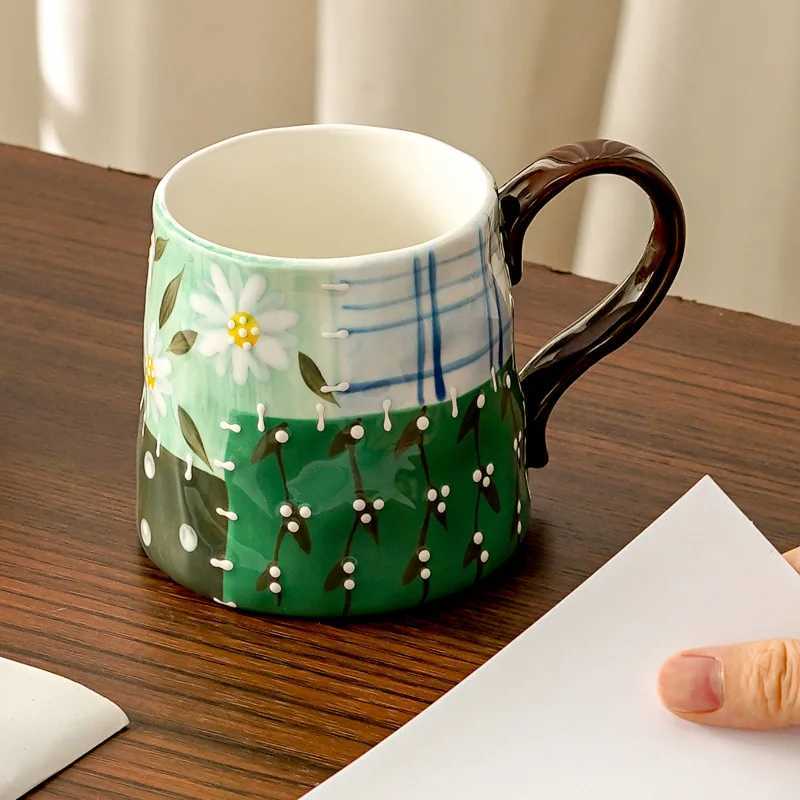 Ins Style Underglaze Color Embossed Pattern Ceramic Mug Home Desktop High-looking Girl Drinking Cup Childrens Gift Drinkware H260323