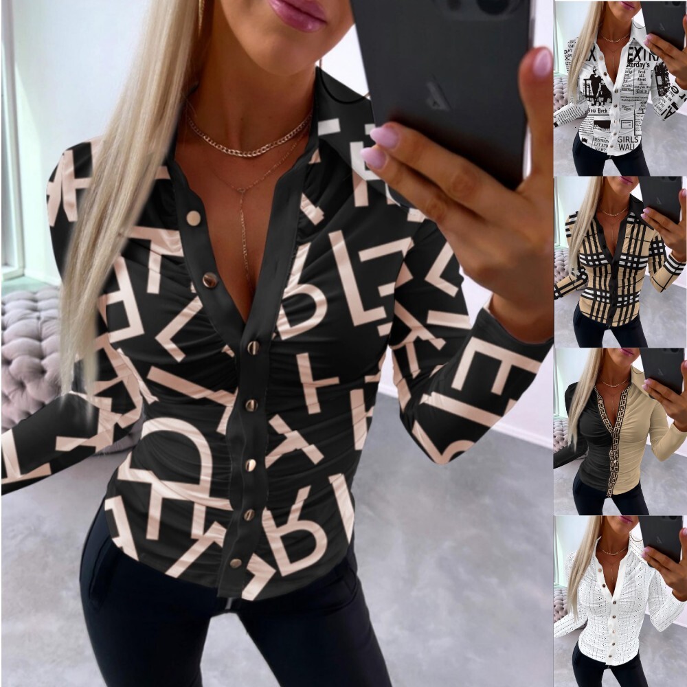 Bestseller On Independent Designer Designer Hoodie T-shirt Platforms Wish Polo And : Autumn Sexy V-neck Printed Women's Blouse
