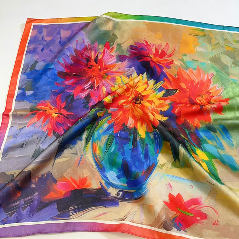 70x70cm Satin Imitation Silk Square Scarf Art Oil Painting Series Soft Smooth Lightweight Breathable All-Match Neck Scarf Shawl Headband Bag Decor