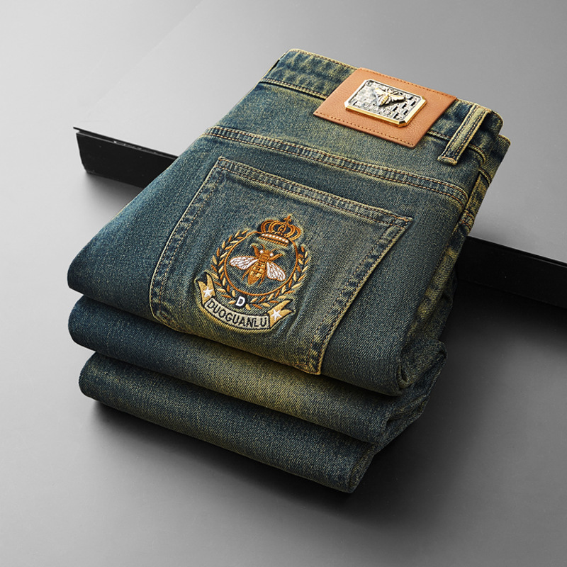 Designer Jeans New Fashion Retro Blue Heavy Craft Washed Embroidered Denim Men's Pants Luxury Men's Business Casual Straight Leg Slim Fit Ba