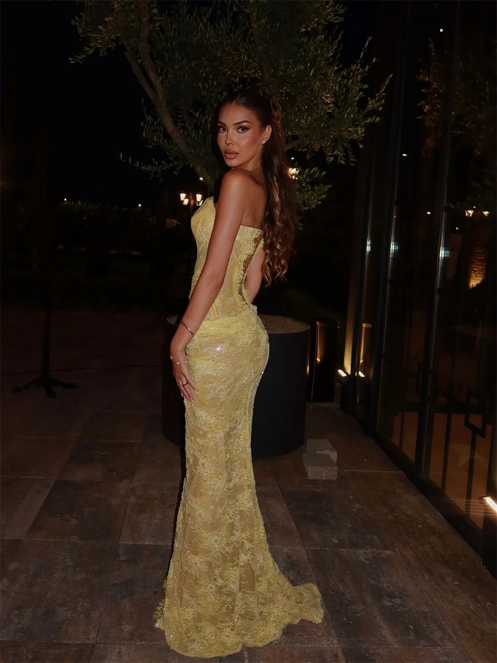 Sexy Yellow Mermaid Lace Embroidery Prom Sequins Sleeveless Side High Split Formal Party Pageant Dresses Evening Gowns Robe De Soiree Da10