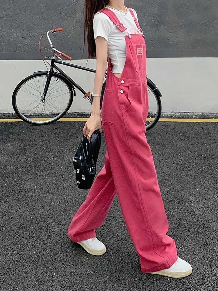 Pink Denim Overalls For Women Loose Slimming High Waist Straight Wide Leg Pants Student Style Jumpsuits M260323