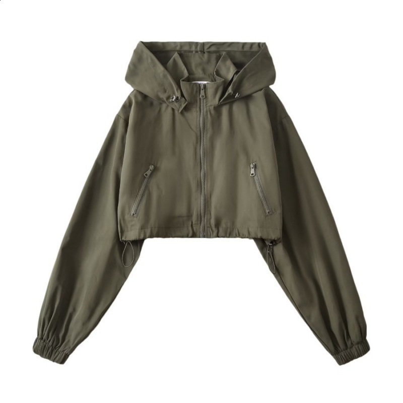 Autumn Gorpcore Cargo Stylish Black Hooded Cropped Top Windbreaker Women Zipper Bomber Jacket Coat Pink Green Beige 240820