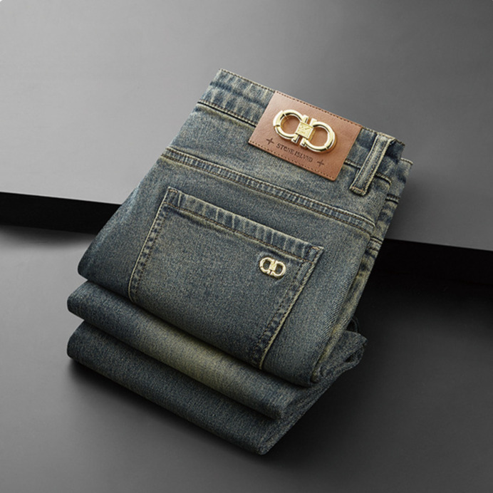Designer Jeans New Fashion Retro Blue Heavy Craft Washed Embroidered Denim Men's Pants Luxury Men's Business Casual Straight Leg Slim Fit Ba