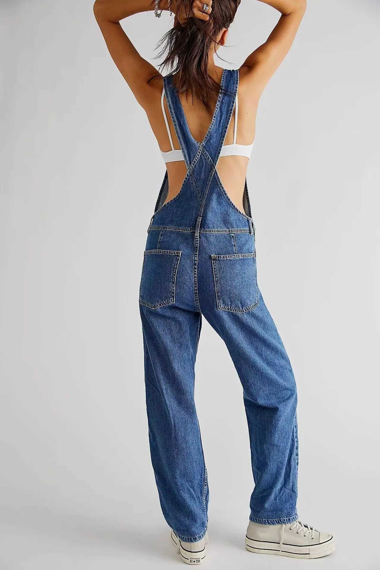 Womens Fashion Denim Overalls Loose Fit Classic Bib Casual Stretchy Jeans Jumpsuit Tapered Leg Streetwear Overalls Fashion M260323