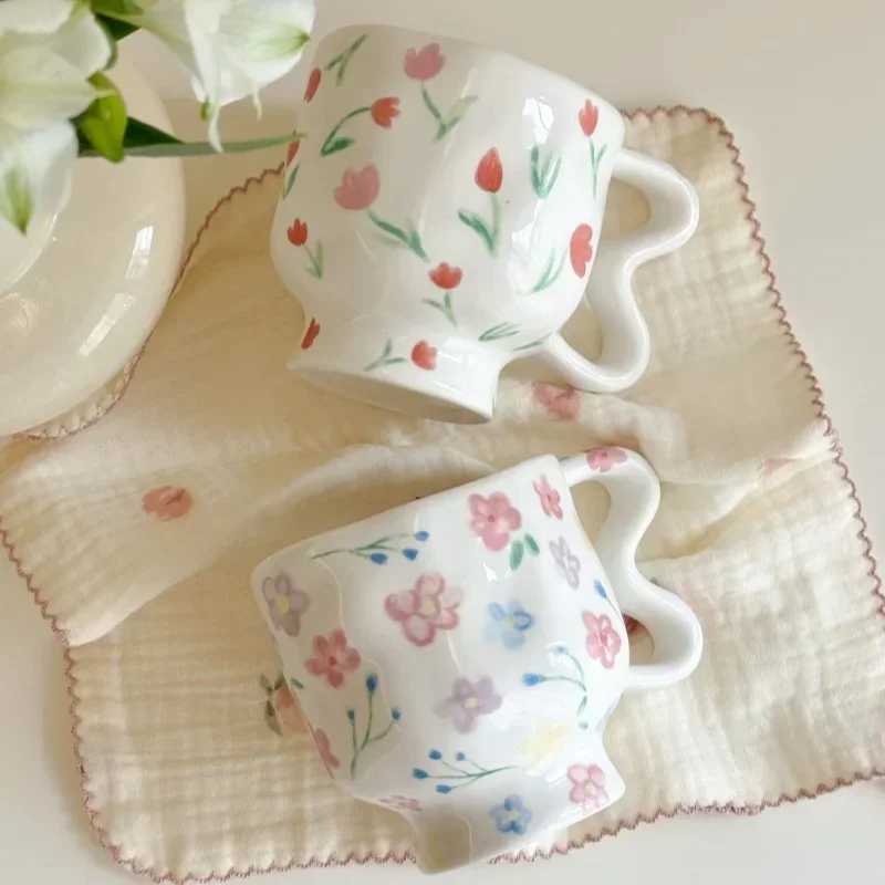 Creative Ceramic Coffee Cup Hand Pinched Irregular Mug with Handle Floral Pattern Breakfast Milk Cereal Cup Couple Birthday Gift H260323