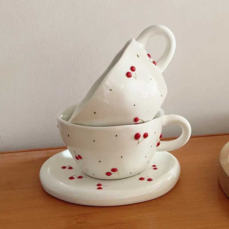 Hand-Painted Cherry Ceramic Cup Set Handmade Vintage Style for Coffee Tea Instagram Cute Afternoon Drinkware Girls Gift H260323