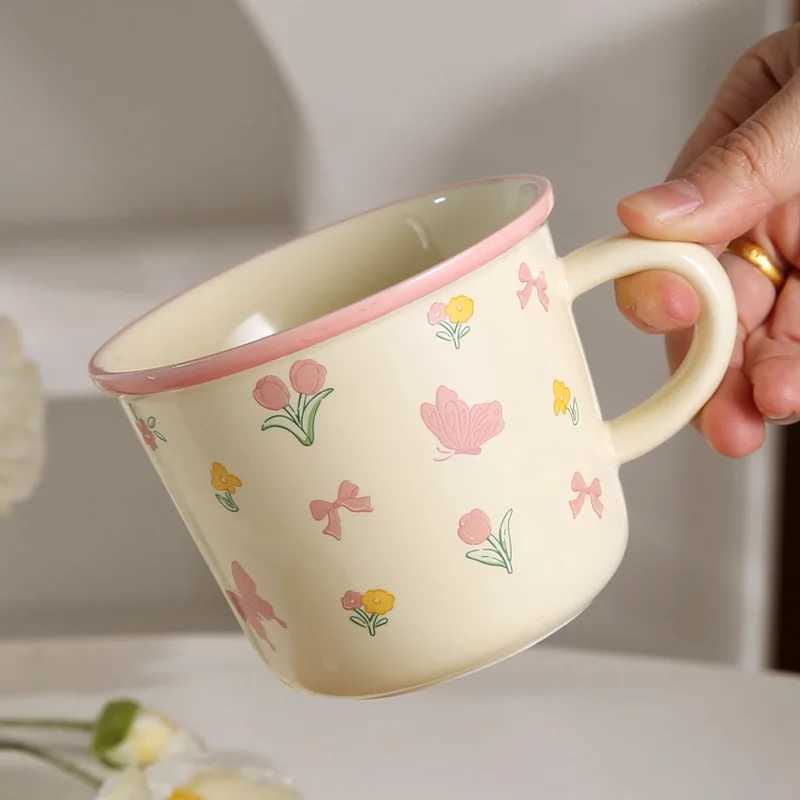 Creative Coffee Mug with Tulip Flower Design Ceramic Cup for Women Aesthetic Ins Style Breakfast Cup D260323