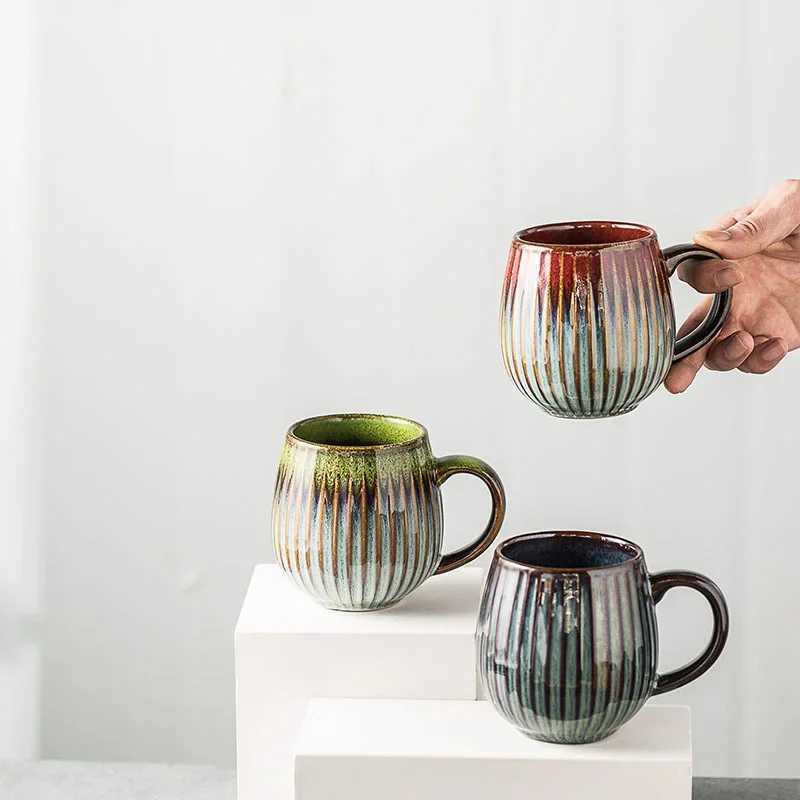 Glaze Kiln-Creative Vertical Pattern Water Mug with Handle Coffee Cup Large Capacity Ceramic Retro Japanese Style Milk Mug H260323
