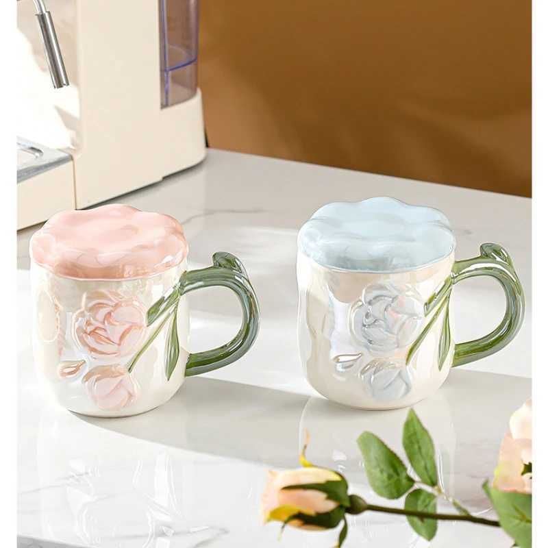 JUSTINLAU Ceramic Mugs Rose Flower Water Cup with LidCreative Handle Afternoon Tea Coffee Milk Cups Valentines Day Gifts D260323
