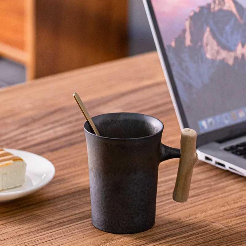 Japanese Style Coffee Cup Set Nordic Coarse Pottery Wood Handle Cup Creative Retro Water Cup Gray Gilded Retro Large Capacity D260323
