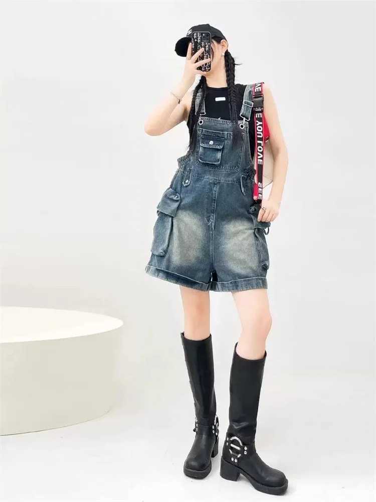 American Vintage Denim Overalls Women Fashion Wide Leg Jumpsuit Slim Fit Loose Design Youthful Style Short Romper M260323