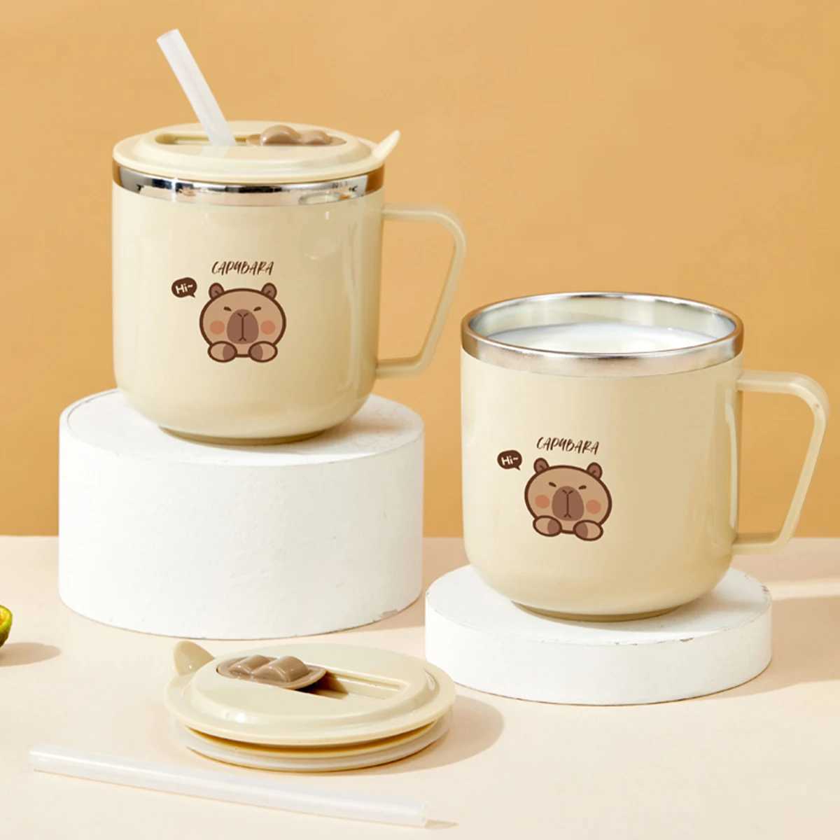 316 Stainless Steel Thermos Mug For Kids Capybara Portable Leak-proof Double Wall Insulated Milk Coffee Cup With StrawHandle D260323