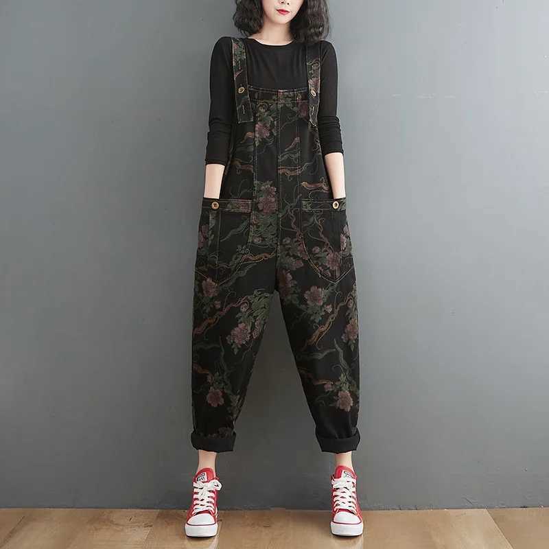 Vintage Print Floral Black Denim Womens Jumpsuit Streetwear Oversized Dungarees Loose Wide Leg Jeans Overalls Cargo Baggy Pants M260323