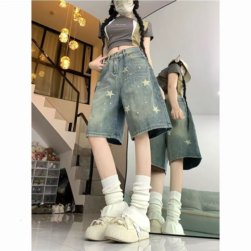 American Retro Washed Star Denim Shorts For Women Designer Pants Summer Street Style Straight Loose Fit Slimming Wide-leg Knee-length Pants Trendy