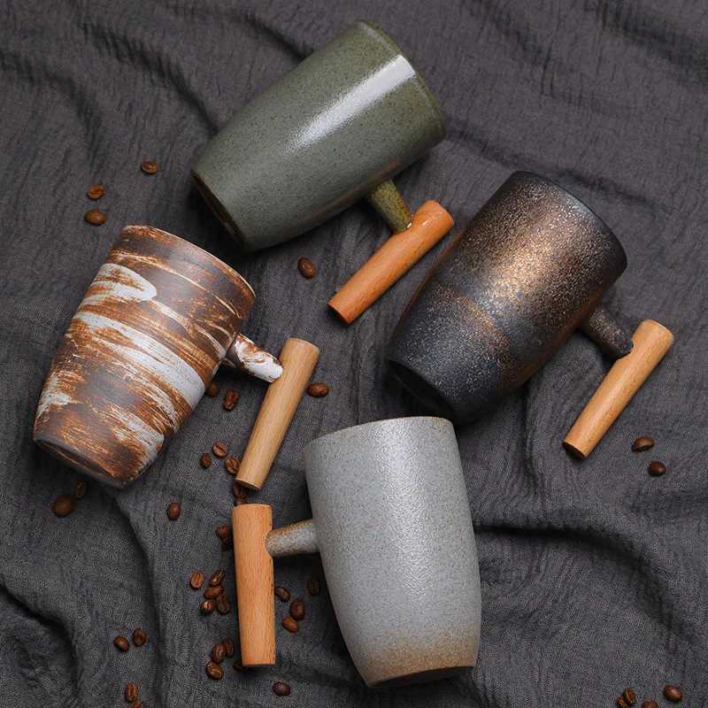 1PC Creative wooden handle coarse pottery coffee cup Japanese retro ceramic mug vintage tea cup D260323