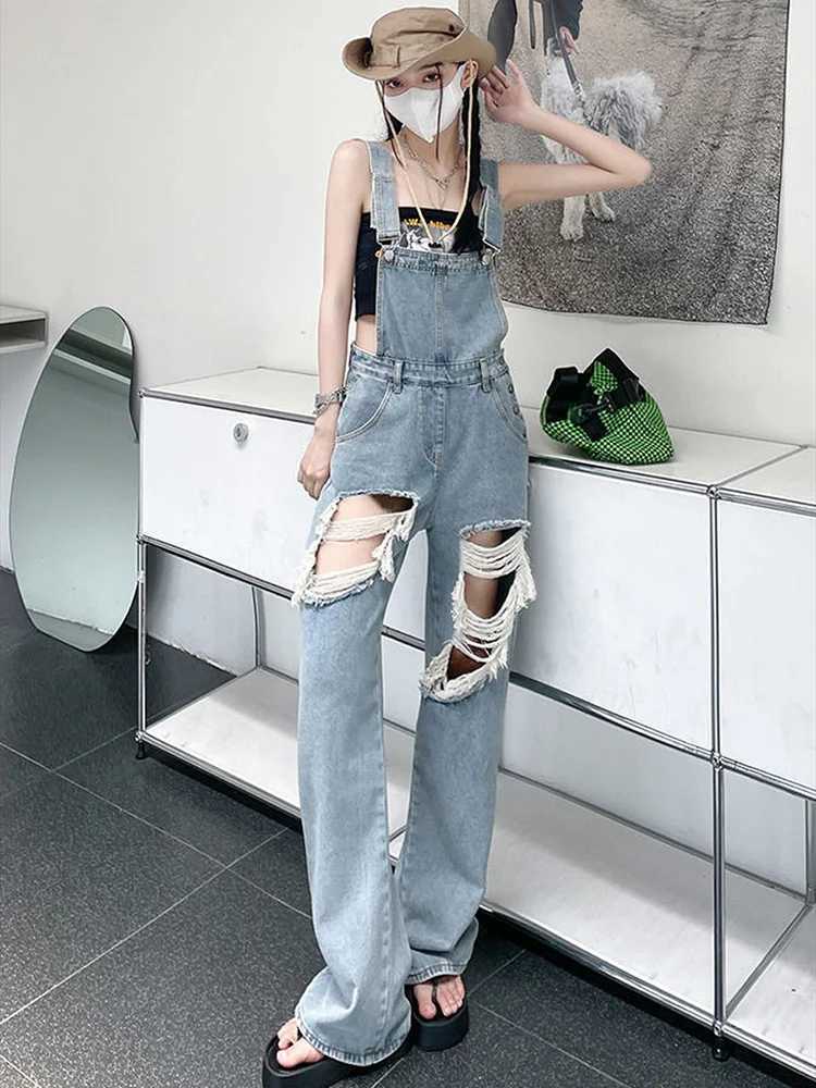 American style high street hot ripped hole high waisted denim overalls women summer loose slimming straight leg pants M260323