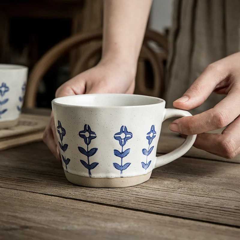 Artistic Hand-painted Small Flower Coarse Pottery Cup Ceramic Mug Coffee Cup Office Drinking Cup H260323