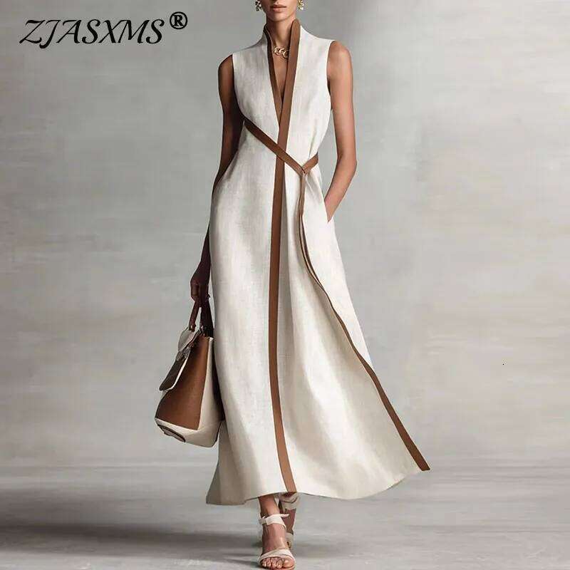 Elegant Contrast Striped Print Party Womens Spring Chic V Neck A-Line Long Dresses Summer Sleeveless Vacation Maxi Dress WONST