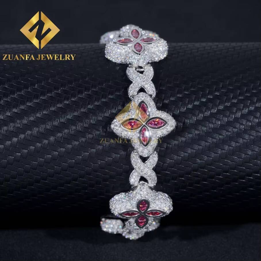 Fine Jewelry Luxury Flower New Fashion Clover Cuban Bracelets Sterling Silver 925 Gold Plated Moissanite Cuban Chains