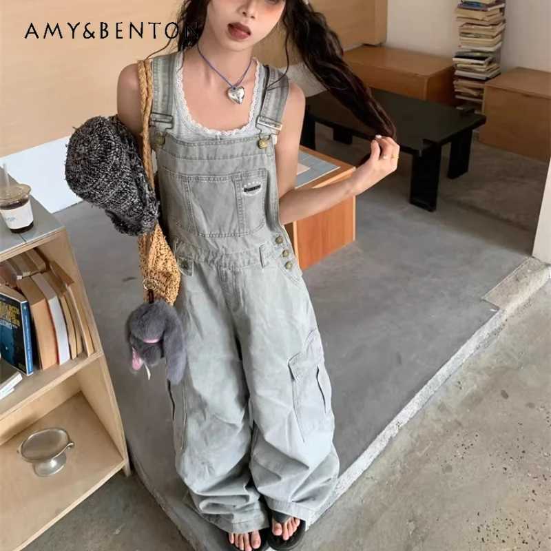 American Retro Design Gray Workwear Large Pocket Womens Jumpsuits 2026 Spring New Loose Sweet Cool Wide Leg Trousers Ladies M260323
