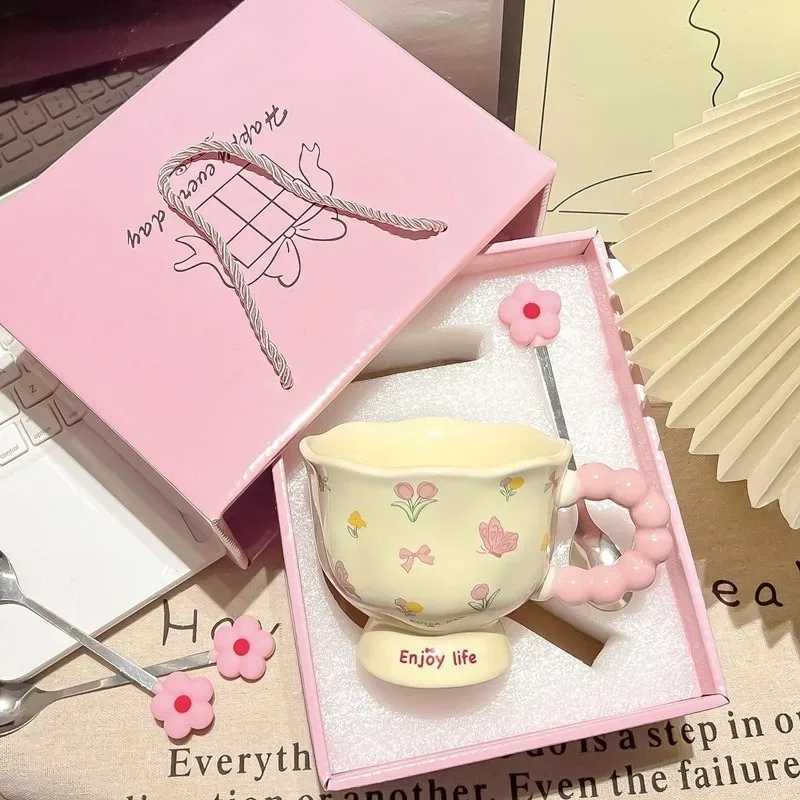 High-value birthday gifts for girls tulip ceramic cups gift boxes flower mugs H260323