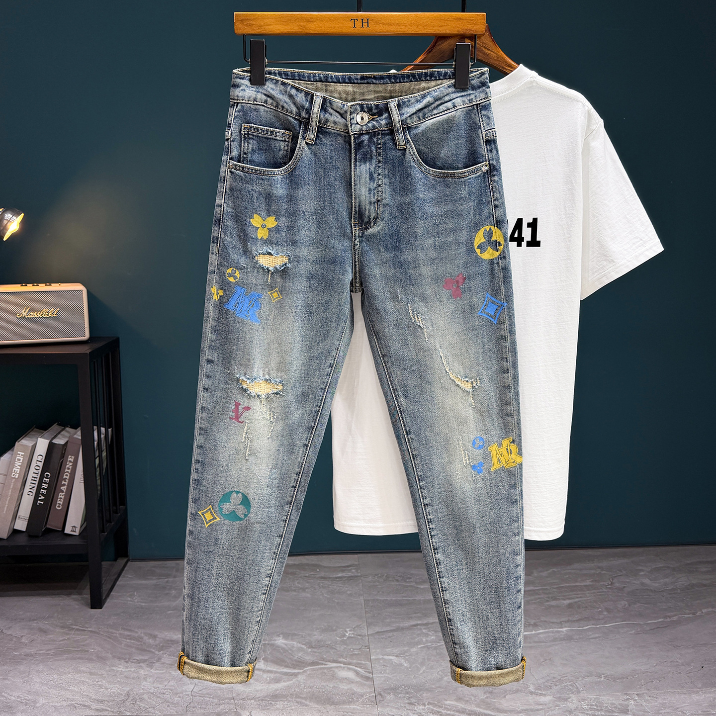 2026 Designer Luxury Jeans High-end Retro Fashion Men's Printed Slim Fit Pants Elastic Tear Street Sports Trend Brand Skateboarding Sports Jeans 