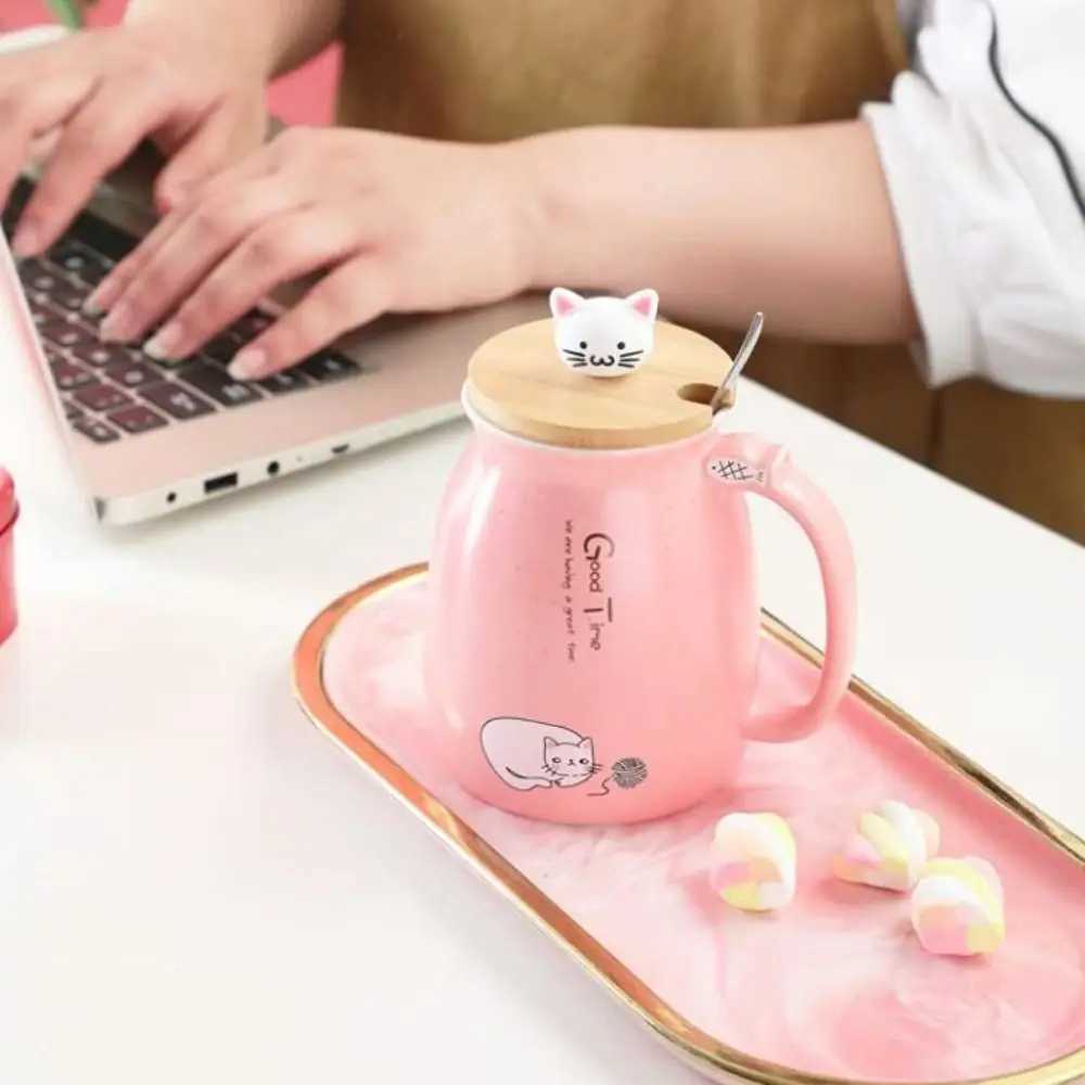 Cute Japanese Style Cartoon Cat Mug Ceramic 450ml Tea Cup with Spoon with Wooden Lid Coffee Mug Kids D260323