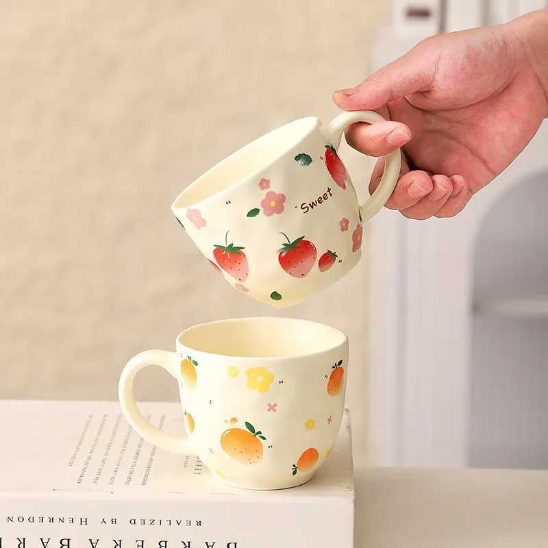 Cute Fruit Pattern Ceramic Mug Strawberry Coffee Cup Oatmeal Breakfast Cup Water Cup Valentines Day Present Couple Water Cups H260323