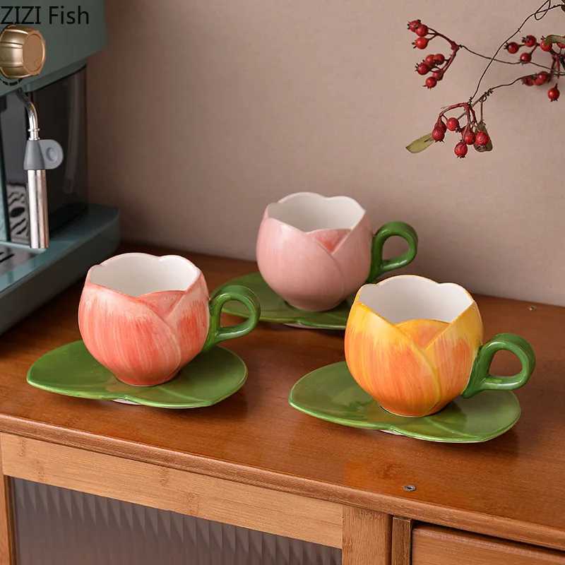 Tulip Flower Shaped Cupsaucer Dining Table Coffee Mug Delicate Porcelain Mugs Afternoon Tea Teacup Fruit Juice Container H260323