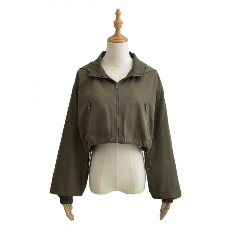 Autumn Gorpcore Cargo Stylish Black Hooded Cropped Top Windbreaker Women Zipper Bomber Jacket Coat Pink Green Beige 240820