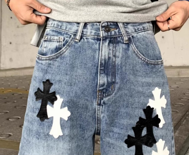 2026 Designer Jeans Spring Luxury Men's Loose Pants Fashion Black And White Leather Splicing Embroidered Wide Leg Straight Tube Youth Street Jean