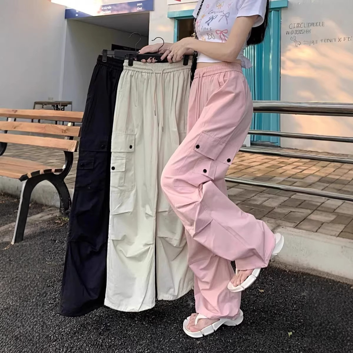 Women's Straight-leg Sports Pants Summer Thin Style 2026 New Model Designer Pants High-waisted Wide-leg Parachute Pants Casual Slim-fit Cargo Pants