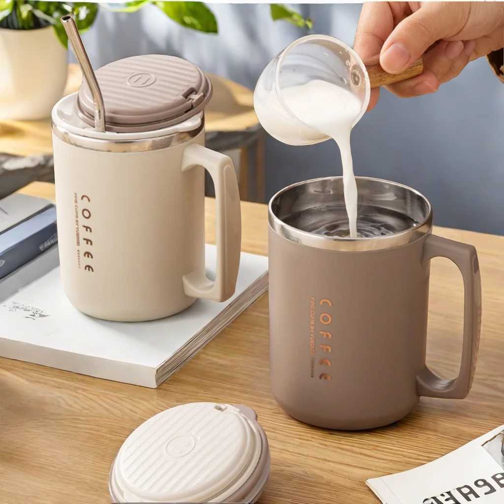 480ML 304 Stainless Steel Coffee Cup Double-Wall Insulated Mug With SpoonStraw Reusable Sealed Drinking Cup For Student Adult D260323