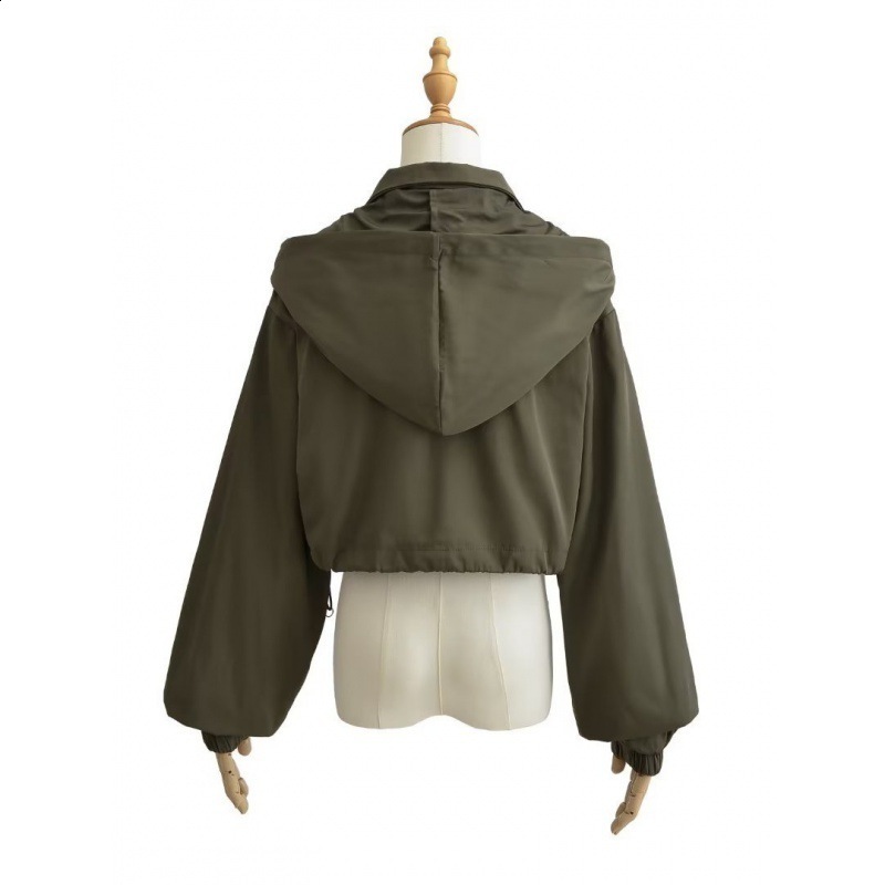 Autumn Gorpcore Cargo Stylish Black Hooded Cropped Top Windbreaker Women Zipper Bomber Jacket Coat Pink Green Beige 240820