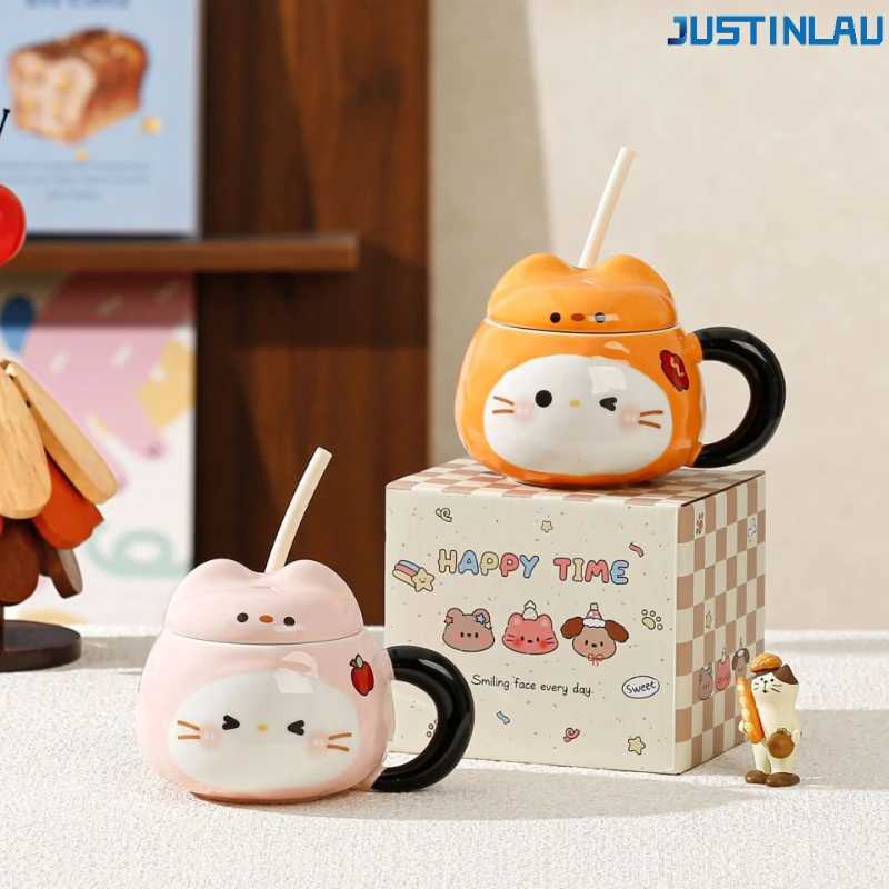 Set of Sesame-shaped Ceramic Cup Cat Grass Straw Cup with Lid and Straw Coffee Cup Breakfast Milk Cup Instagram-style Coffee Cup D260323